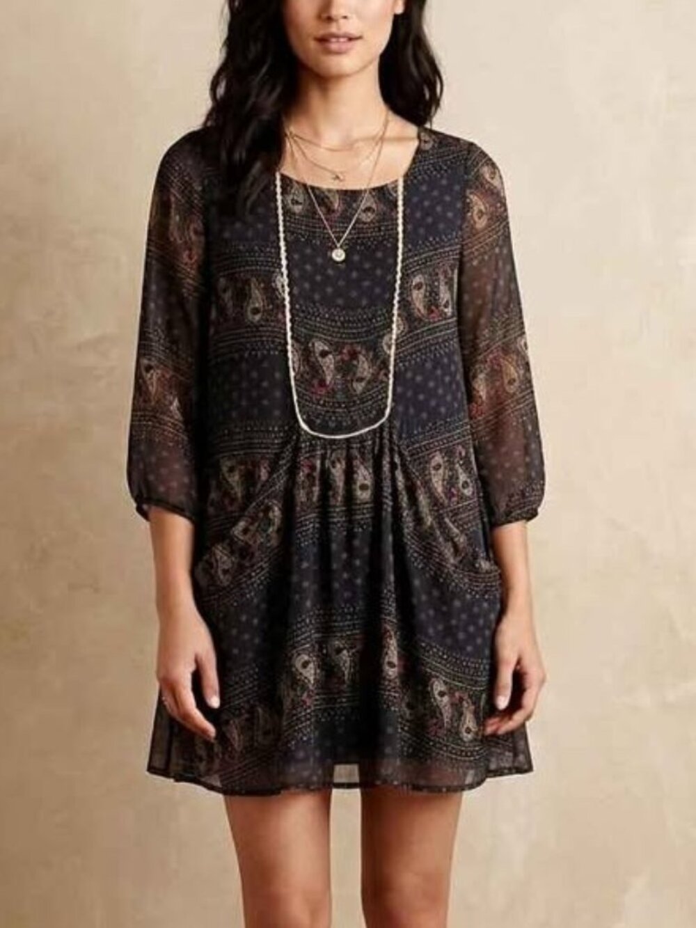 Boho Navy Paisley Embroidered Flowey Mini Tunic Dress w/ Pockets, Size M
